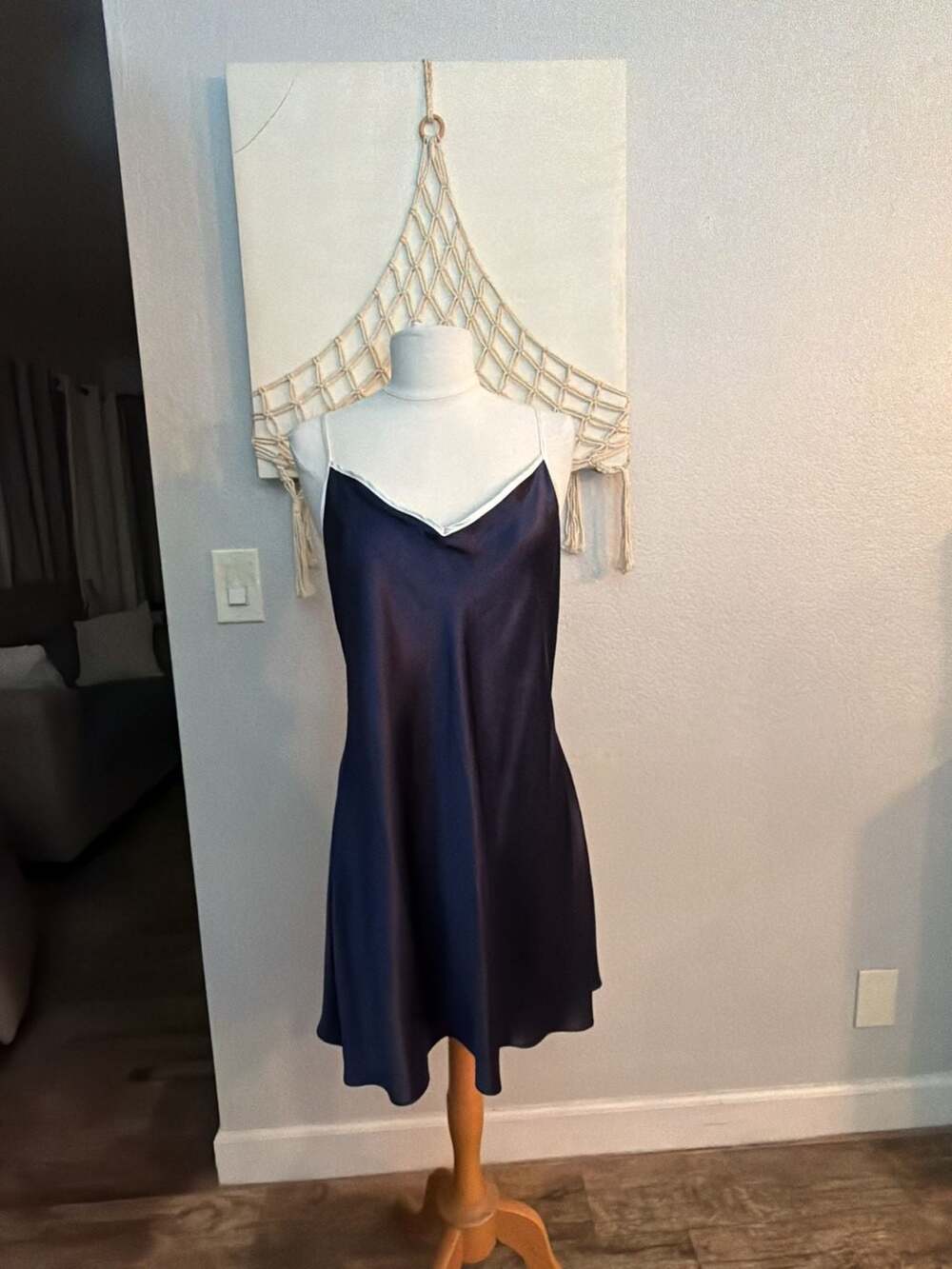 Linea Donatella Navy Blue Satin Chemise Slip Dress Style MOY190
